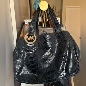 Michael Kors Black Snakeskin large Tote with Gold Charm city chic on trend